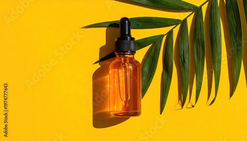 Amber glass dropper bottle with natural oil and tropical palm leaf shadow on bright yellow background.