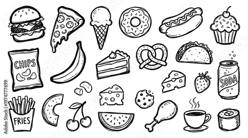 Hand drawn doodle illustration of various fast food items and snacks, perfect for design projects and culinary themes