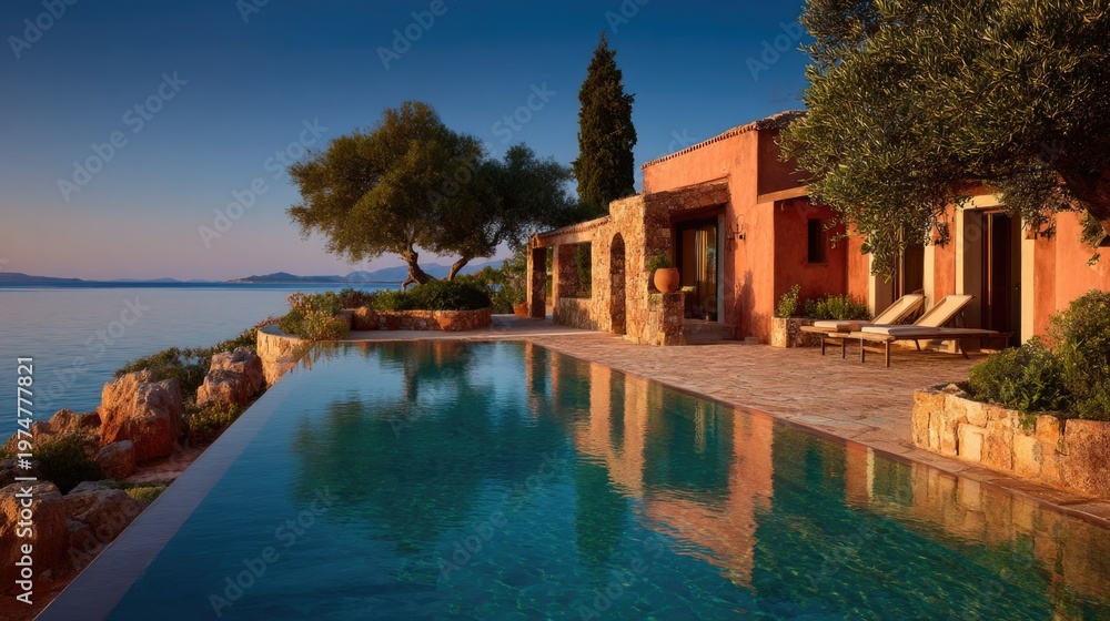 Obraz premium Luxury Mediterranean Villa with Infinity Pool and Coastal Sunset View