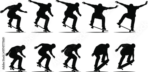 Black silhouette of skateboarders performing tricks and jumps in a sequence isolated on white background for extreme sports graphic design