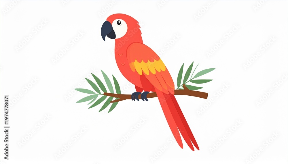 Fototapeta premium Scarlet Macaw Perched: A vibrant scarlet macaw with striking red plumage perches elegantly on a leafy branch, its keen eye observing its surroundings with curiosity and grace.