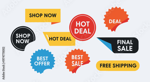E-commerce Promotion Labels and Stickers Collection, Featuring Shop Now, Hot Deal, Final Sale, Best Offer, Free Shipping on White Background