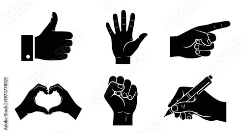 Collection of Solid Black Hand Gestures Silhouette Icons, Expressing Actions Like Thumbs Up, Pointing, Heart Shape, Isolated on White Background
