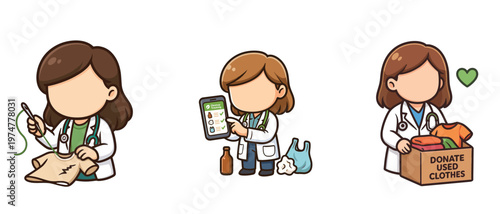 Woman doctor repairing and donating clothes with tracking