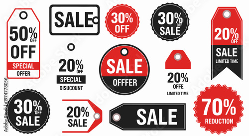 Collection of red and black promotional sale and discount labels with percentage offers on an isolated white background