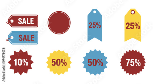 Set of Colorful Sale Tags and Percentage Discount Labels for Promotions, isolated white background.