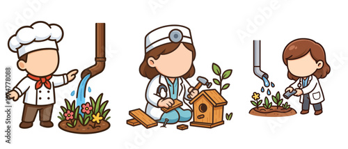 Chef doctor and scientist caring for plants in flat style