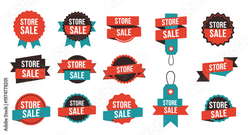 Set of Store Sale Badges, Labels, and Ribbons for Shopping Promotions, isolated white background.