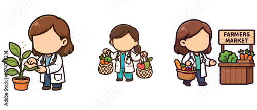Female doctor caring for plants and shopping at farmers market