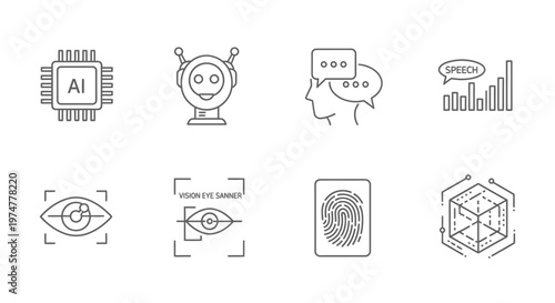 Set of Line Icons for Artificial Intelligence, Biometrics, Speech Recognition, and Data Processing on a Bright Studio Background.