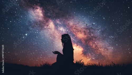 A woman sits in a peaceful outdoor setting under a vibrant starry night sky with a stunning galaxy display