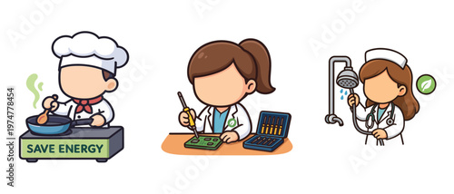 Chef Cooking Technician Repairing Circuit Nurse Holding Shower