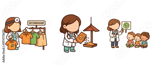 Female doctor showing secondhand clothing and feeding birds