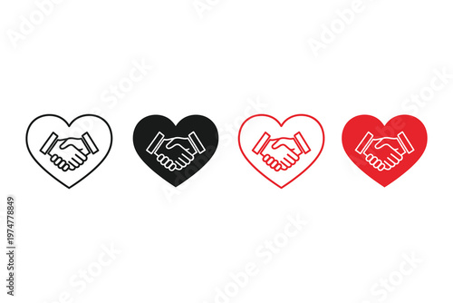 Four Heart Icons with Handshake Symbols in Black, Gray, Dark Red, and Bright Red Colors, Representing Partnership and Love in Business and Relationships.
