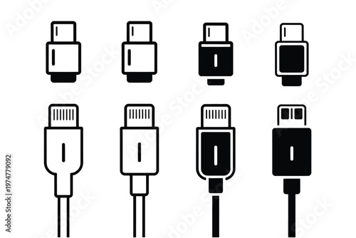 USB icon type C charging cable symbols simple flat black vector set device connection design