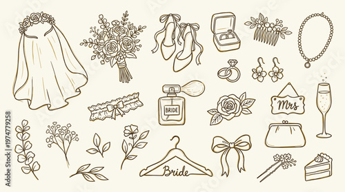 Hand drawn wedding elements collection bridal accessories veil bouquet shoes rings perfume and cake sketch isolated on beige background