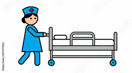 A nurse in blue uniform pushes a hospital bed on wheels, symbolizing healthcare and patient care