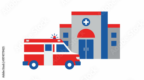 Flat vector icon for emergency healthcare, featuring an ambulance and hospital. Symbolizes urgent medical response, patient transport, and essential health services