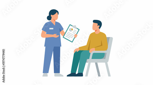 Healthcare professional providing medical consultation to a patient in a clean flat vector illustration, highlighting clear communication and dedicated support in a clinic setting