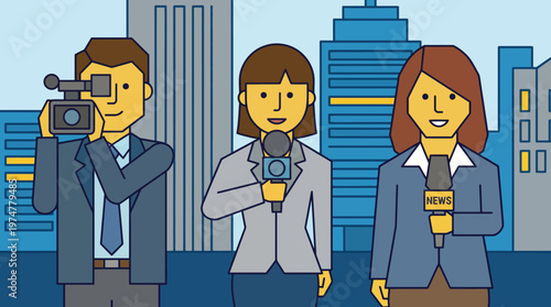 Professional journalists and cameraman reporting live from the bustling city, a modern flat design vector illustration depicting a dedicated media news team at work