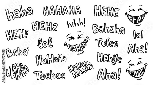 Collection of hand drawn laughing sounds and smiling faces conveying joy and amusement in a doodle art style on a white background