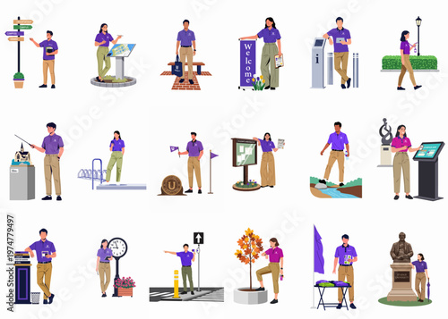 A comprehensive set of university student ambassador illustrations showing various campus guide activities, orientation tasks, and student life interactions in a flat design style.