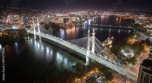 Illuminated suspension bridge spans a dark river reflecting city lights under a night sky detailed urban skyline in background with many small lights creating a vibrant nocturnal atmosphere