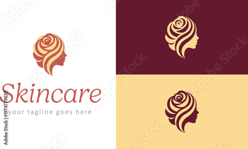 minimalist skincare logo, skincare logo design, beauty woman face with rose icon, spa and wellness logo, feminine cosmetics brand identity, organic hair and skin care vector