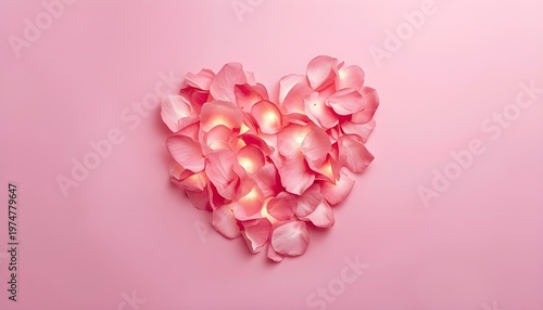 A heart shape made of rose petals on a pink background with soft lighting