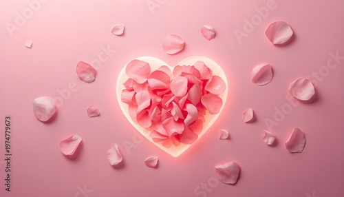 A glowing heart made of rose petals on a pink background with scattered petals around it