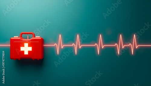 A red first aid kit with a white cross on a teal background with a red heartbeat line