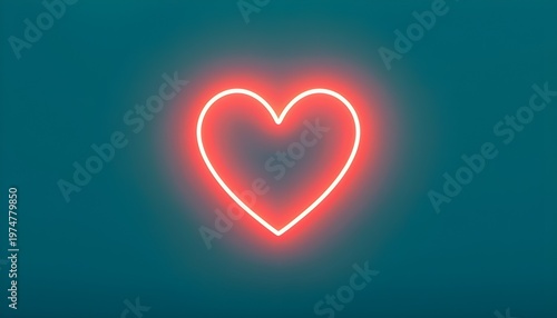A glowing red neon heart symbol on a dark teal background