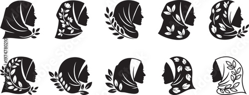 Muslim Woman Silhouette Profile with Floral Hijab and Leafy Branch Designs