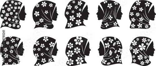 Islamic Woman Profile Silhouette with Floral Hijab Headscarf Designs