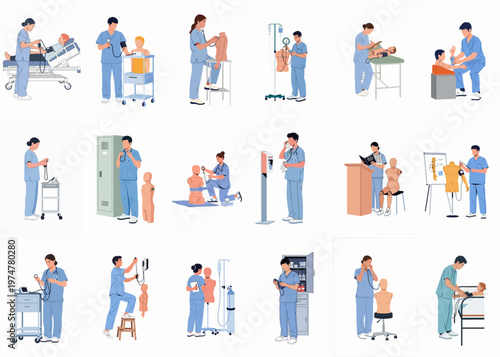 Comprehensive collection of medical students and nurses practicing clinical procedures on manikins and using medical equipment, isolated on white background illustration.