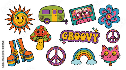 Retro 1970s groovy elements collection with sun, mushroom, boots, cassette tape, rainbow, peace signs and cat