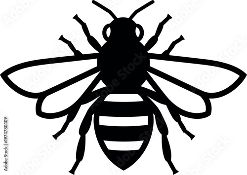 Black silhouette of a bee with striped abdomen and detailed wings.