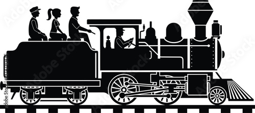 Black silhouette of vintage steam locomotive train with passengers and driver on railway track isolated on white background for transport
