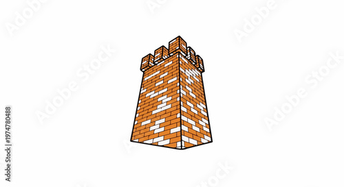 Brick tower with crenellated top, isolated on white background
