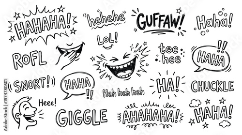 Collection of hand drawn laughter sounds and expressions representing joy happiness and amusement in a doodle art style