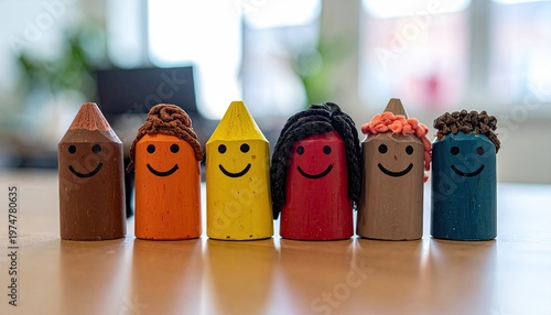 Cute handmade crayon characters with smiling faces and colorful yarn hair.
