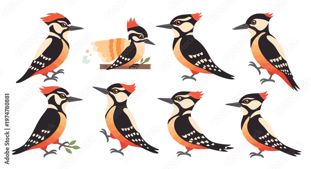 Obraz premium Collection of Vibrant Illustrated Woodpeckers in Various Poses and Natural Settings.