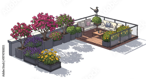 rooftop garden with flowers and trees in planters on wooden deck