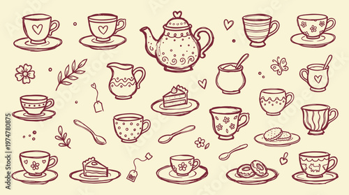 Charming hand drawn tea party illustration with cups saucers teapot cake and cookies on a light background delightful beverage break concept