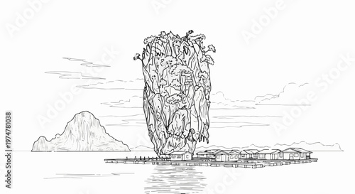 A lone island village nestled by a dramatic, tree-covered rock formation