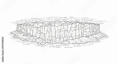 A stark, cracked ice floe emerges from calm waters with rocky shores