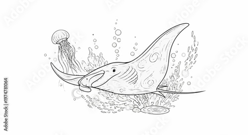 A sketch of a manta ray swimming with a jellyfish in a coral reef