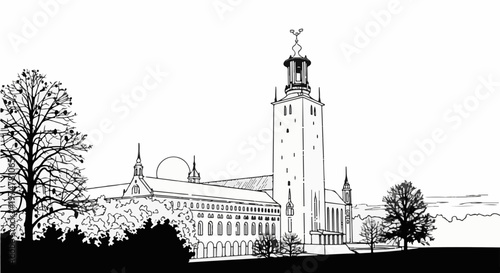 A striking line drawing of a grand European city hall with a prominent tower and surrounding trees