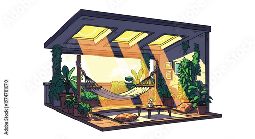 Pixel art outdoor patio with hammock and plants