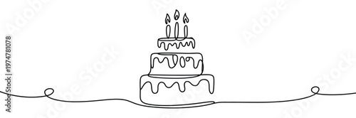 Continuous one line drawing birthday cake with candles sweet celebration torte pastry confectionery icon simple linear style minimal elegant vector illustration.